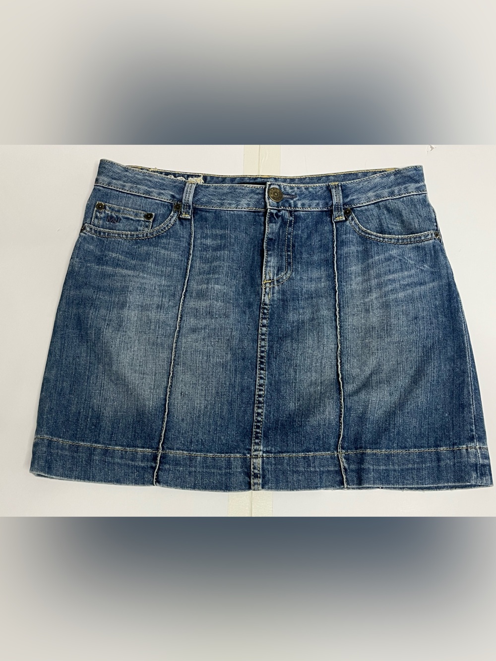 Marc Jacobs Size 6 Denim Mini Skirt Y2K Low Rise Jean Skirt Piping Medium Blue